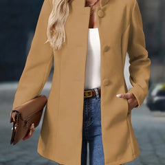 Women's camel tailored coat with notch collar and flap pockets