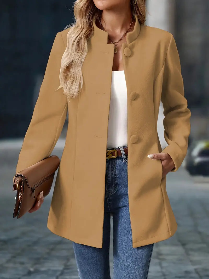 Women's camel tailored coat with notch collar and flap pockets