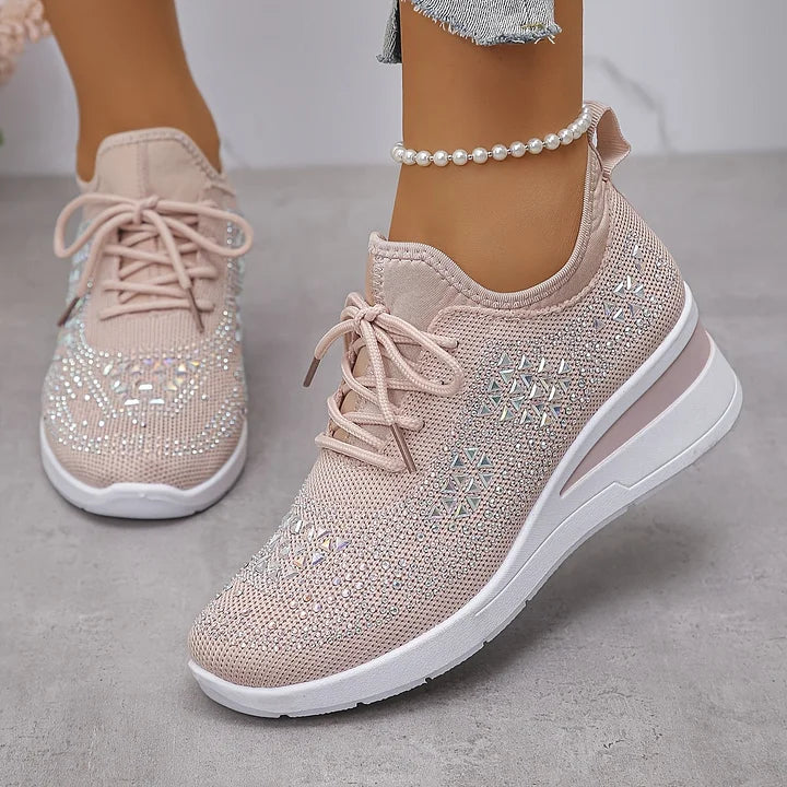 Light pink comfort sneakers, lace-up knit fabric with white midsole and padded collar