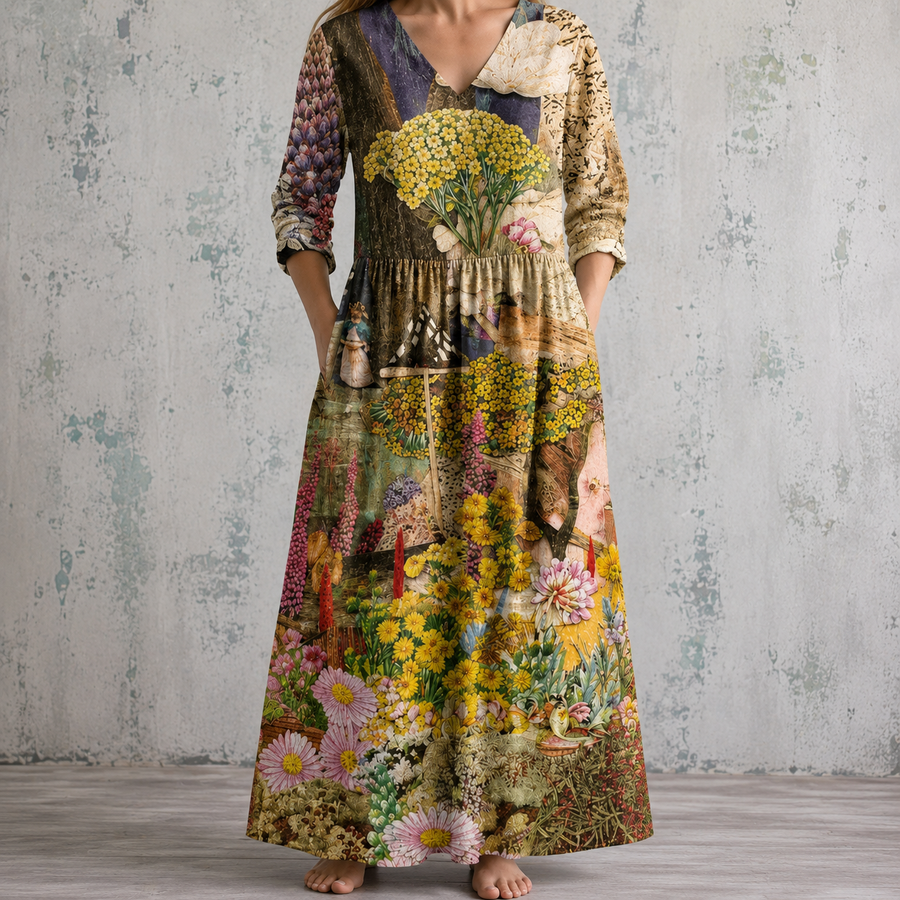Multicolor floral maxi dress with 3/4 sleeves, gathered waist and V-neck front