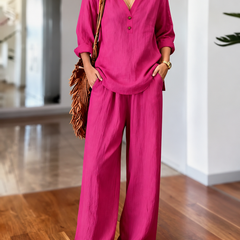 Fuchsia long-sleeve two-piece set with V-neck tunic top and wide-leg pants