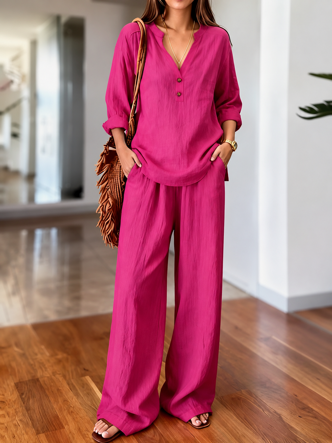 Fuchsia long-sleeve two-piece set with V-neck tunic top and wide-leg pants