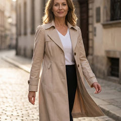 Beige long coat with notched lapels and button closure worn over white top