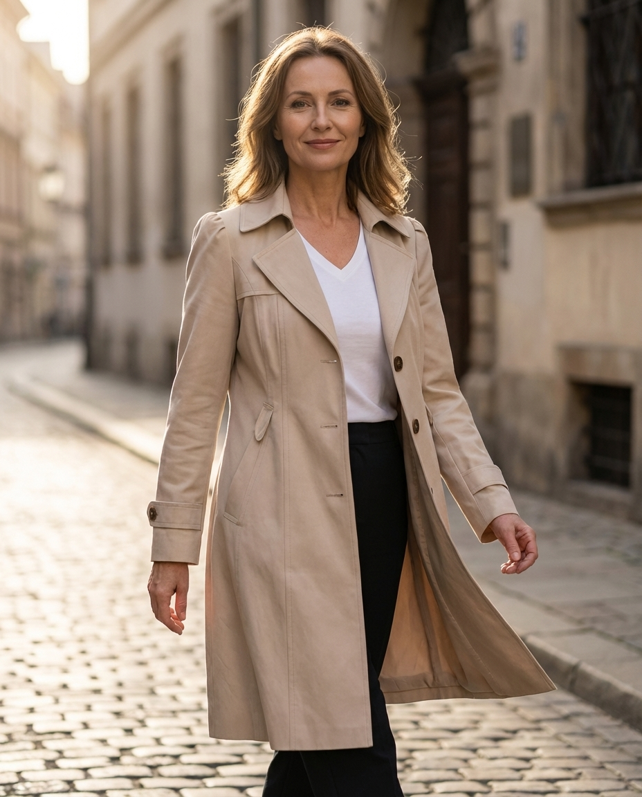 Beige long coat with notched lapels and button closure worn over white top
