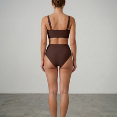 Shaping bikini with high-waist briefs and supportive bra, dark brown back view