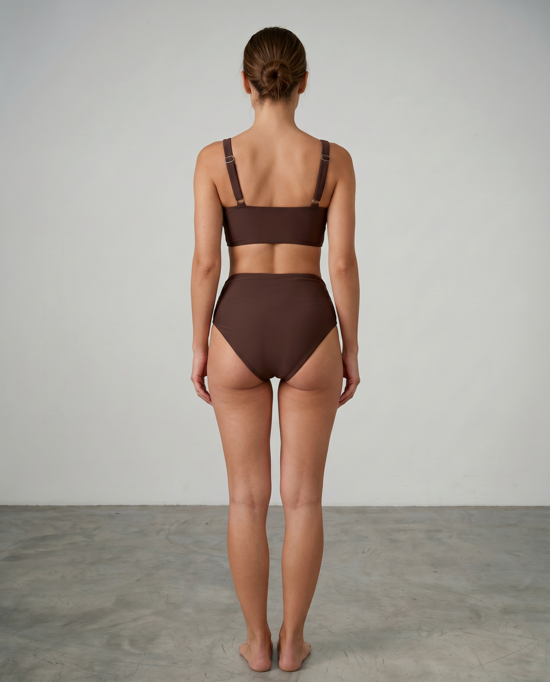 Shaping bikini with high-waist briefs and supportive bra, dark brown back view