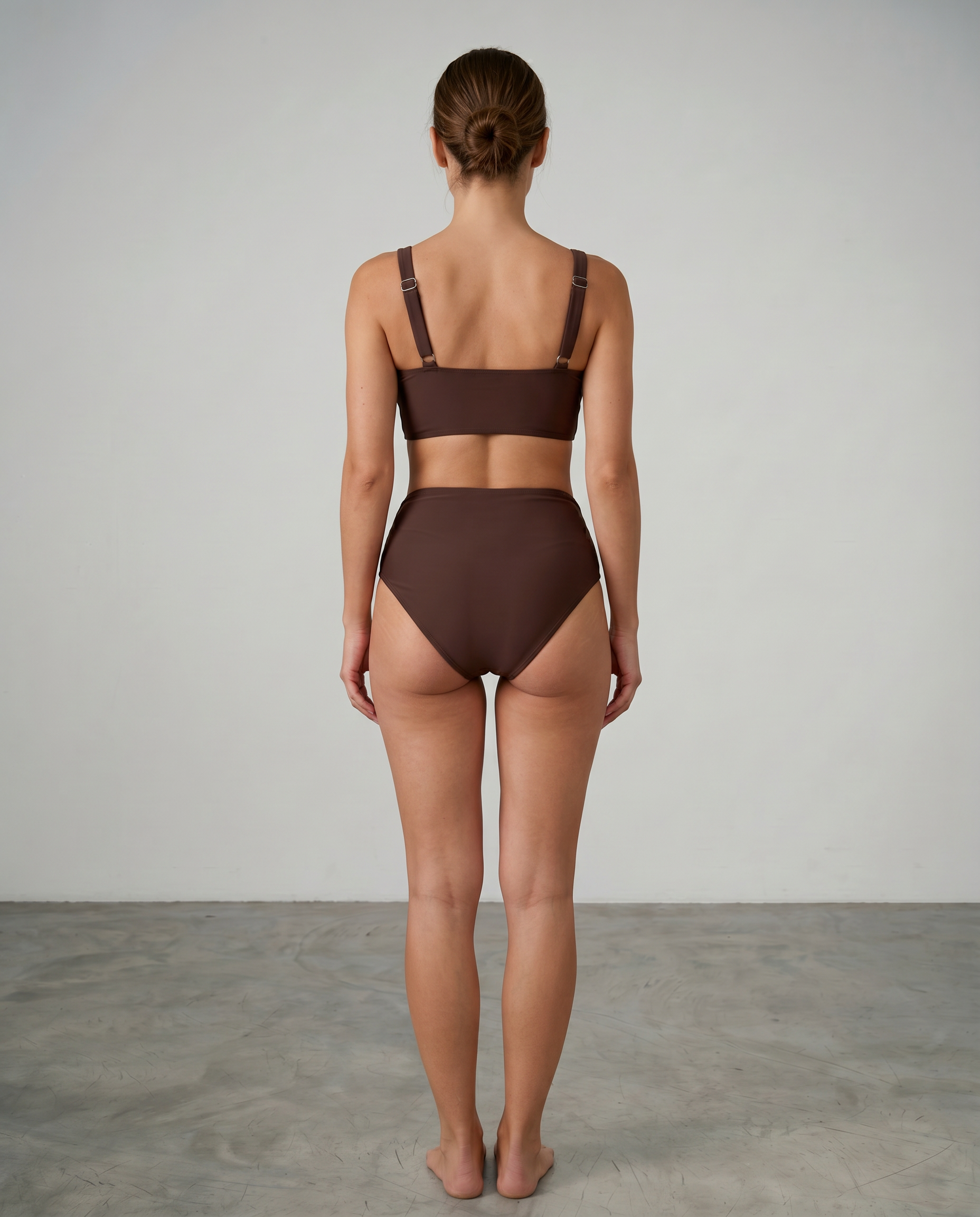Shaping bikini with high-waist briefs and supportive bra, dark brown back view