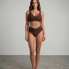 Brown shaping bikini set with twist-front bra and ruched high-waist bottoms