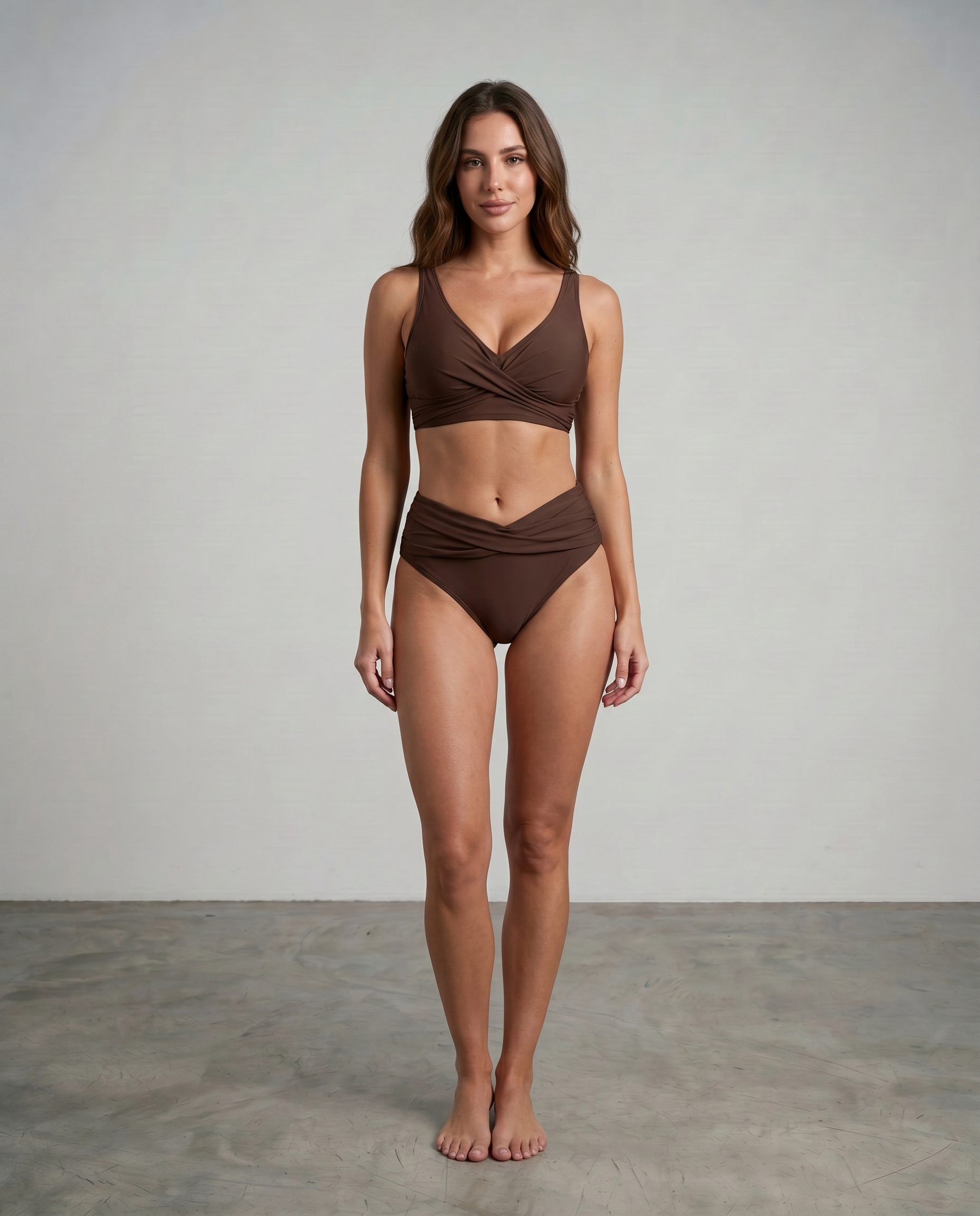 Brown shaping bikini set with twist-front bra and ruched high-waist bottoms