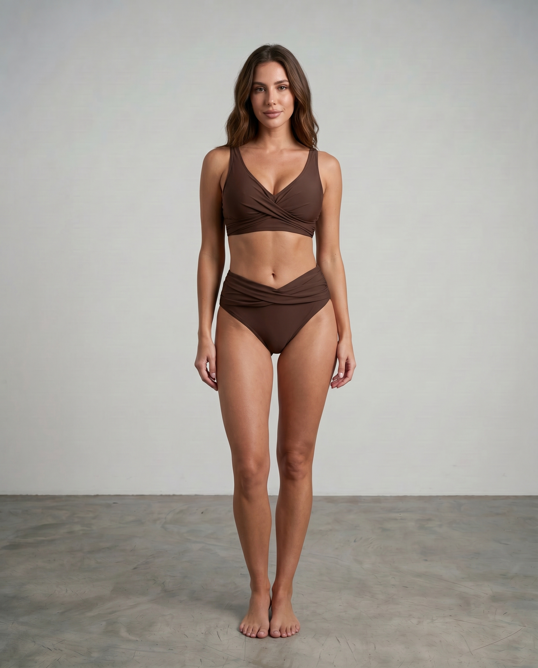 Brown shaping bikini set with twist-front bra and ruched high-waist bottoms