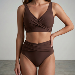 Dark brown shaping bikini set with twist-front bra and ruched high-waist bottoms