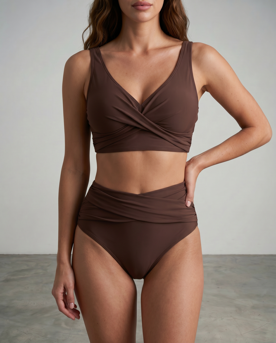 Dark brown shaping bikini set with twist-front bra and ruched high-waist bottoms