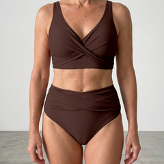 Deep brown shaping bikini set with twist-front bra and ruched high-waist bottoms