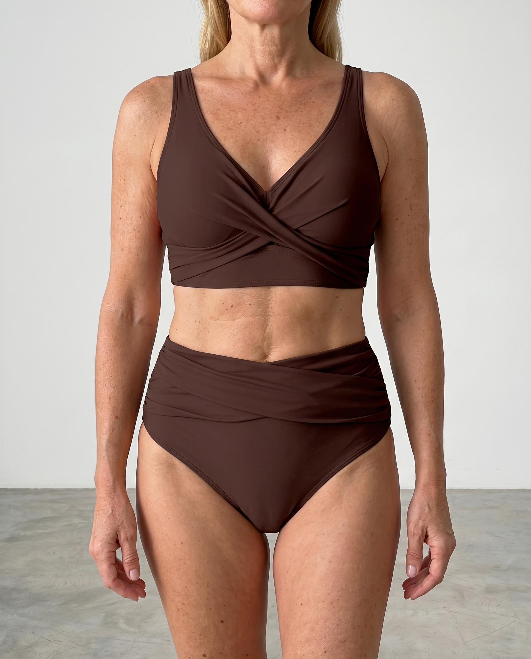 Deep brown shaping bikini set with twist-front bra and ruched high-waist bottoms