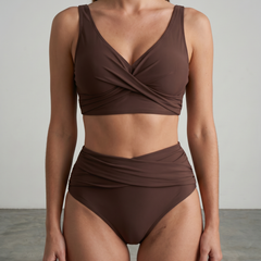 Brown shaping bikini set with twist-front bra and ruched high-waist bottoms