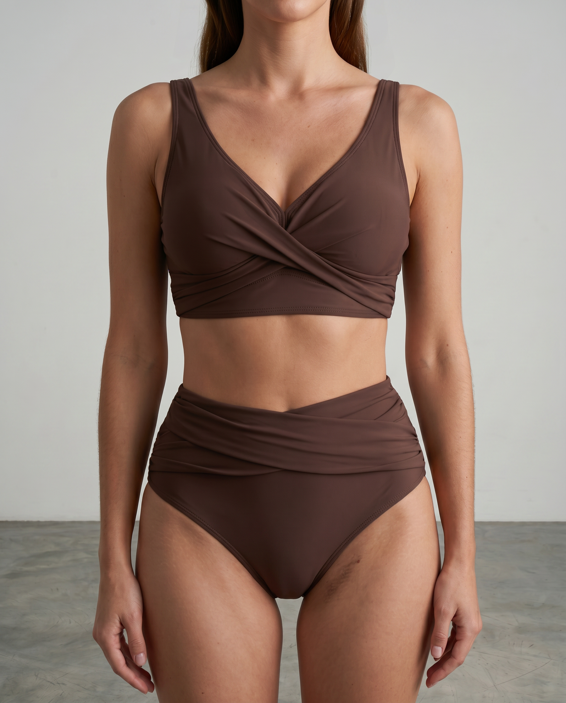 Brown shaping bikini set with twist-front bra and ruched high-waist bottoms