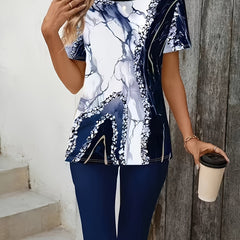 Printed stretch two-piece set, navy capri leggings with blue-white short-sleeve top