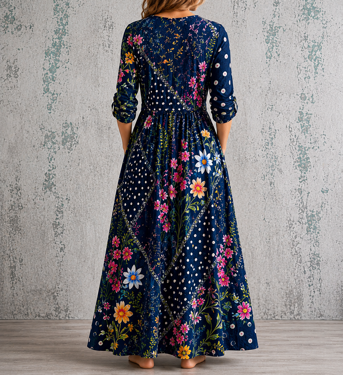 Floral summer dress back view with 3/4 sleeves, gathered waist, dark navy floral print