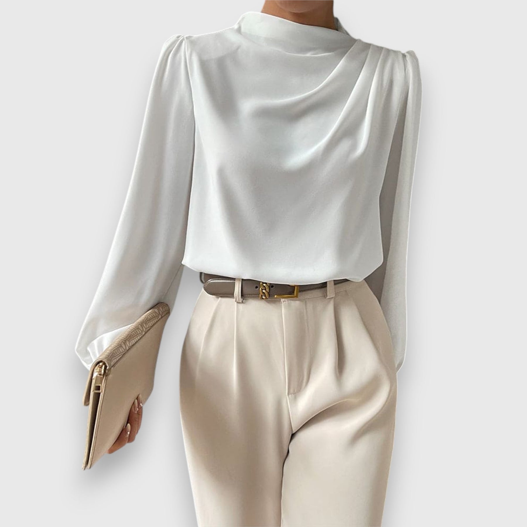 White long-sleeve satin blouse with pleated shoulder detail and high neckline