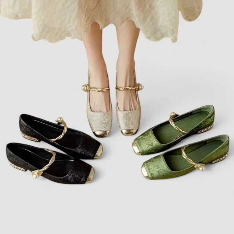 Orthopedic Mary Jane shoes in black, beige, and green with gold-tone straps and low heels
