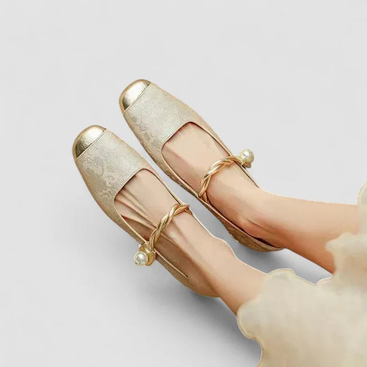 Beige orthopedic Mary Jane shoes with gold strap and small bead accents, low block heel