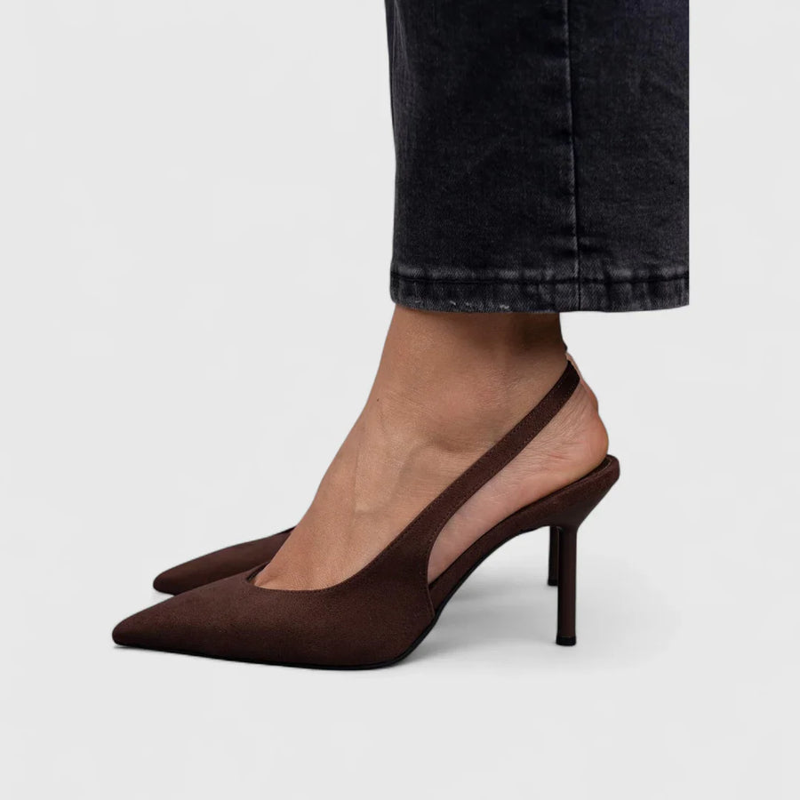 Dark brown pointed-toe orthopedic pumps with slim block heel and slip-on fit