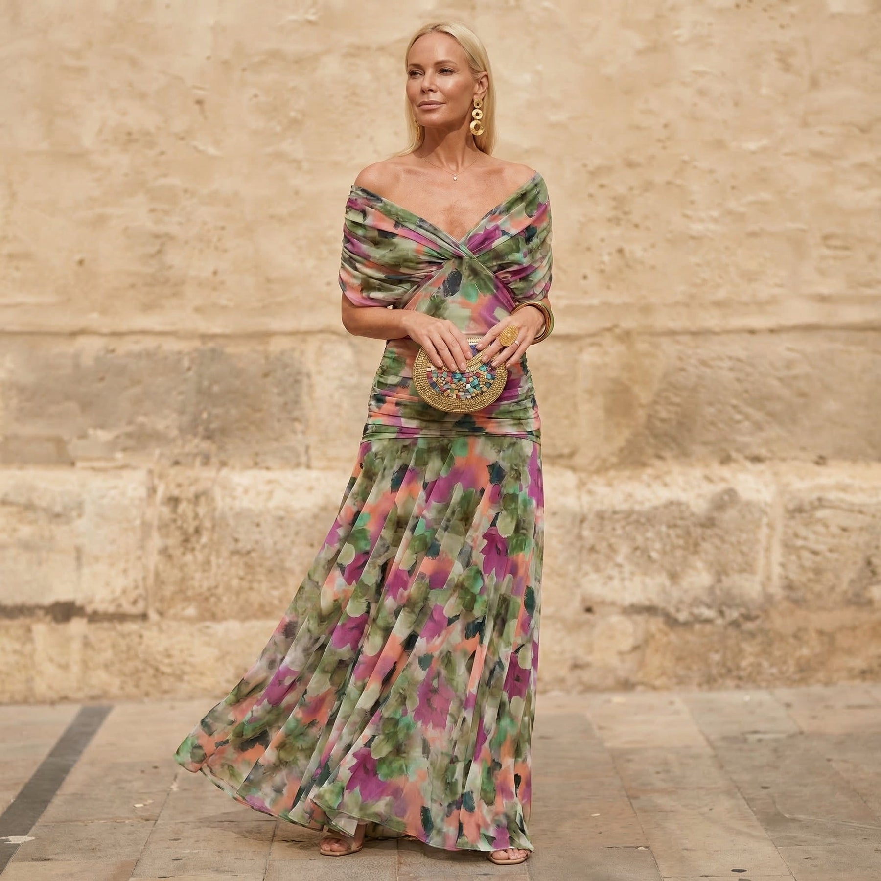 Multicolor off-shoulder floral dress with twisted bodice and pleated maxi skirt