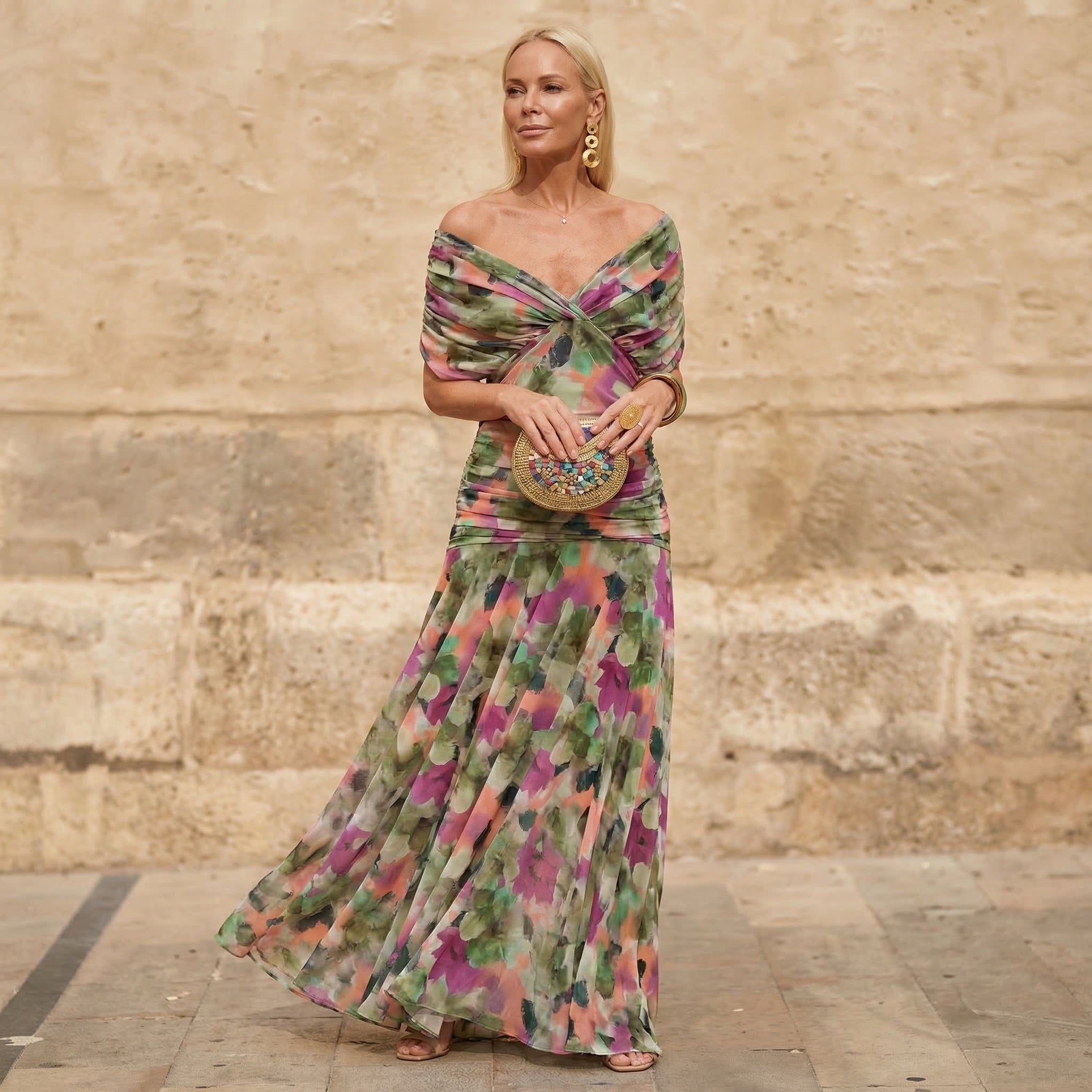 Multicolor off-shoulder floral dress with twisted bodice and pleated maxi skirt