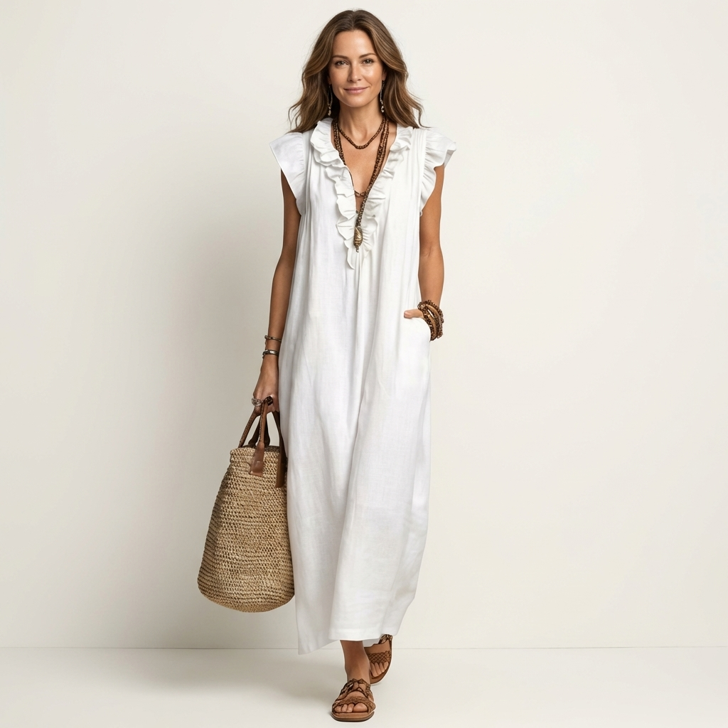 White sleeveless maxi dress with ruffle-trim V-neck and loose flowing skirt