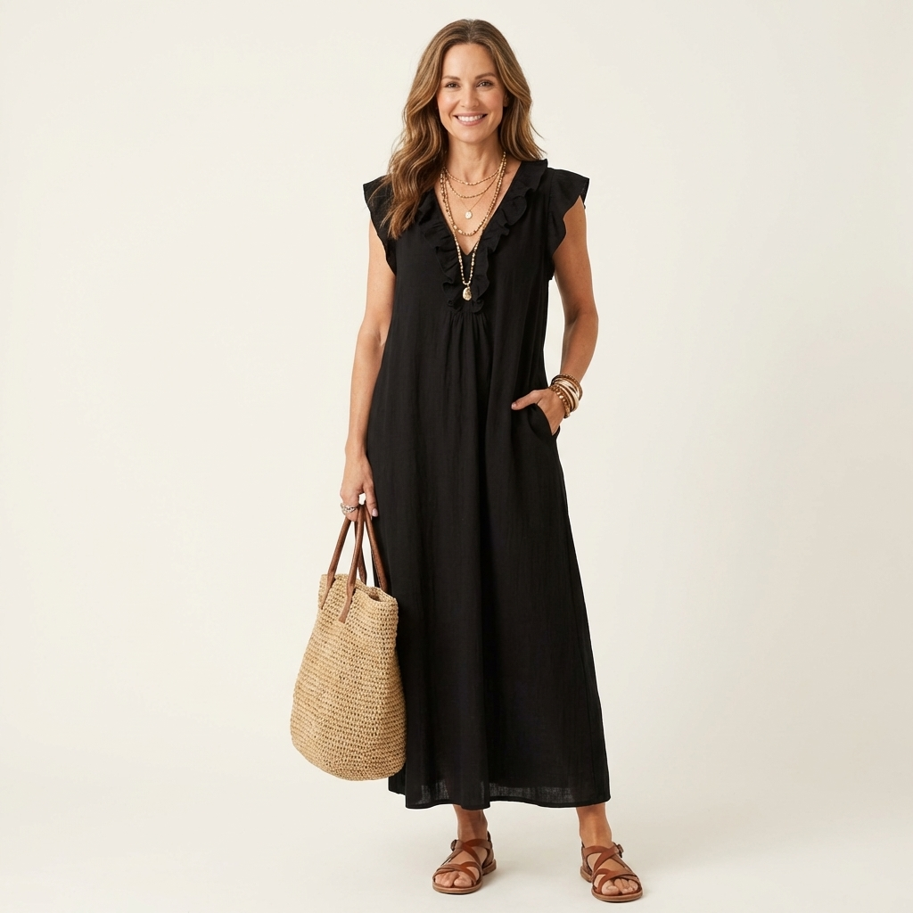 Black ruffle V-neck sleeveless maxi dress with gathered neckline and shoulder frill
