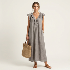 Gray ruffle V-neck sleeveless maxi dress with gathered front and tiered shoulder frill