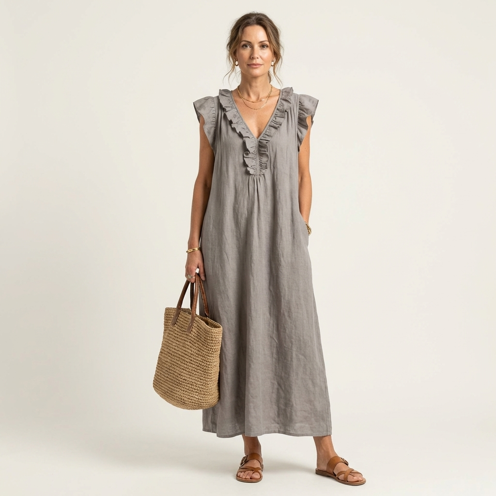Gray ruffle V-neck sleeveless maxi dress with gathered front and tiered shoulder frill