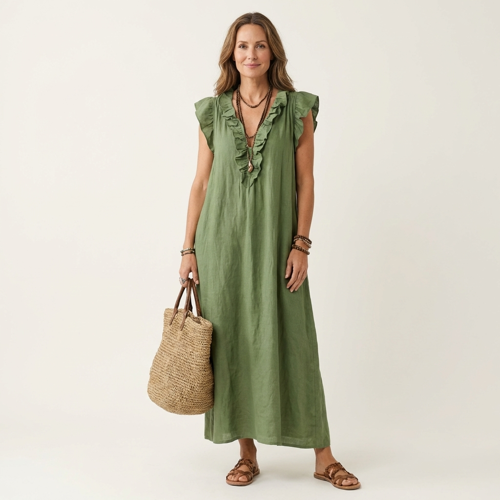 Green ruffle V-neck sleeveless maxi dress with gathered neckline and tiered shoulder frill