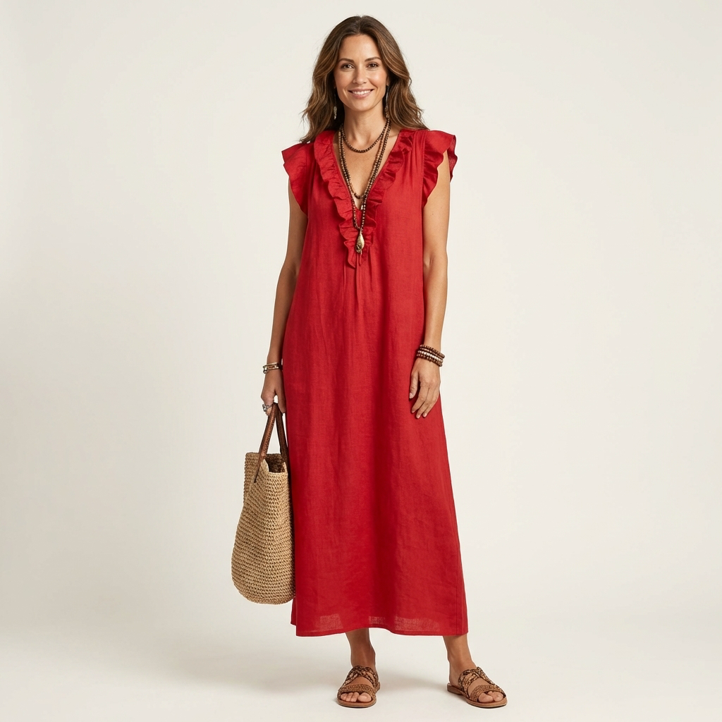 Red ruffle V-neck sleeveless maxi dress with gathered front and flutter shoulder trim