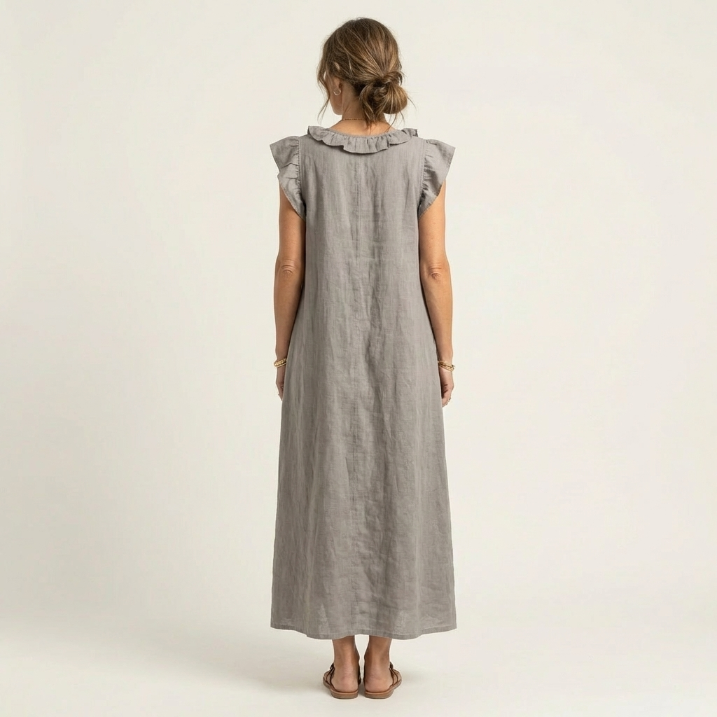 Gray maxi dress, back view, ruffled shoulder collar and cap sleeves