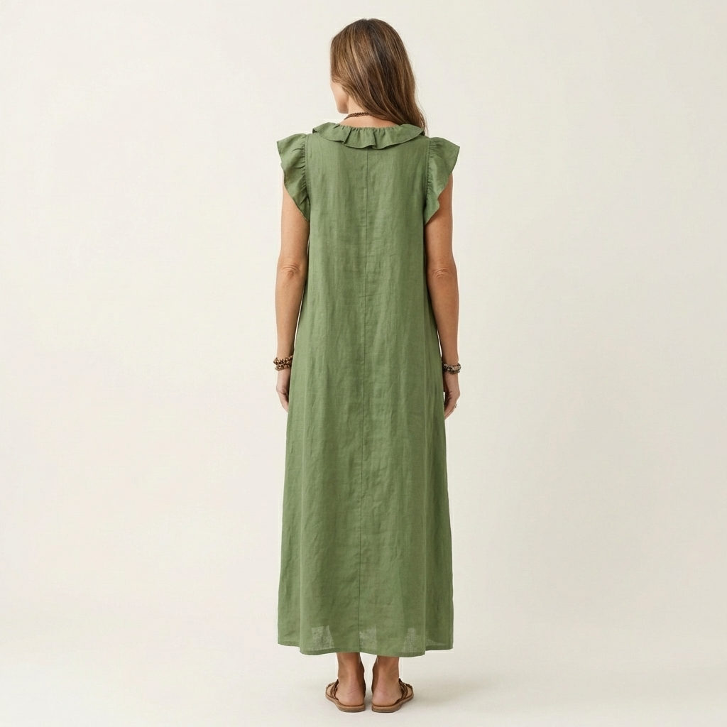 Green maxi dress, back view, ruffled shoulder collar and short flutter sleeves