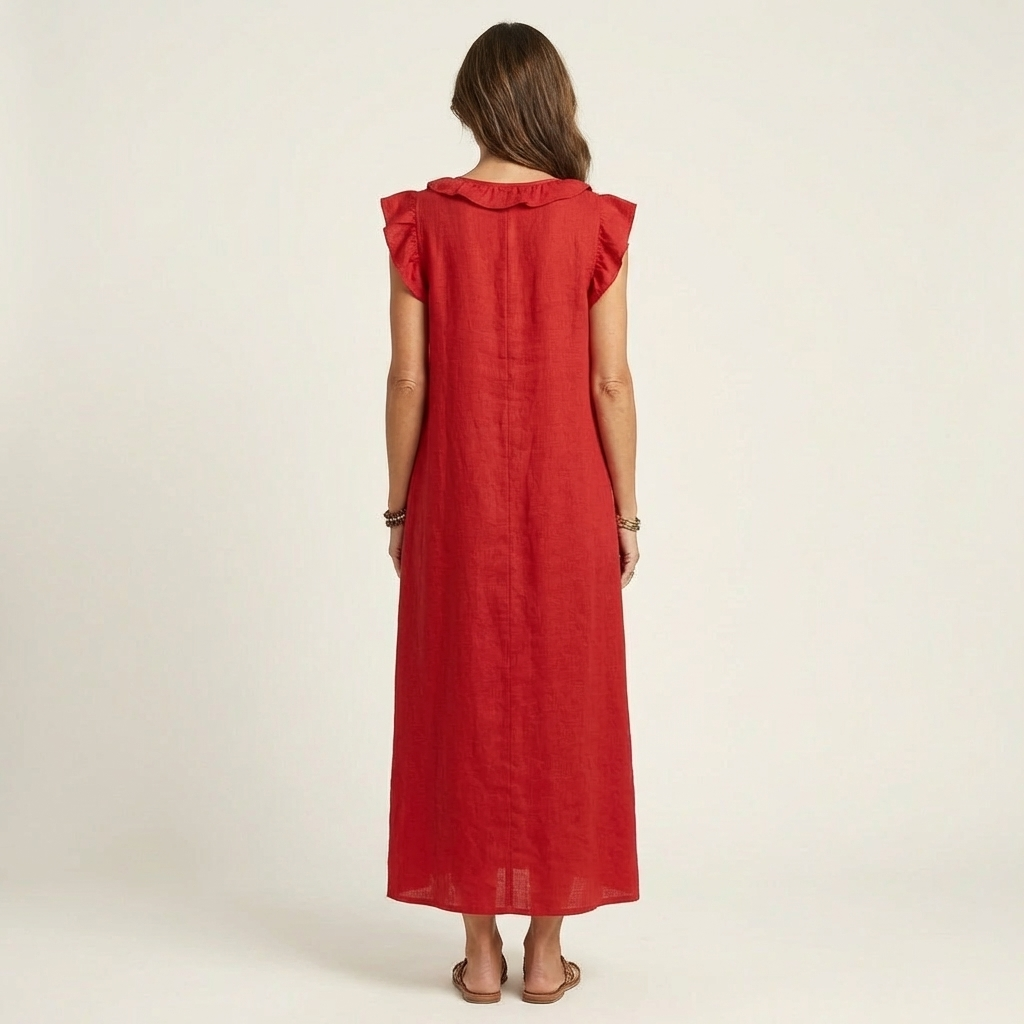 Red maxi dress, back view, ruffled shoulder collar and short flutter sleeves