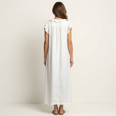 White sleeveless maxi dress with ruffled shoulder details and straight back