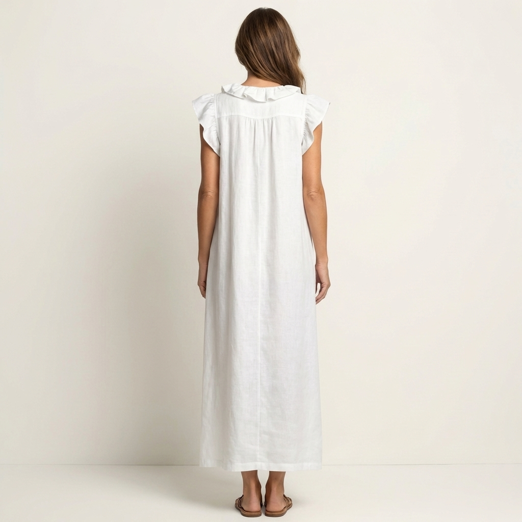 White sleeveless maxi dress with ruffled shoulder details and straight back