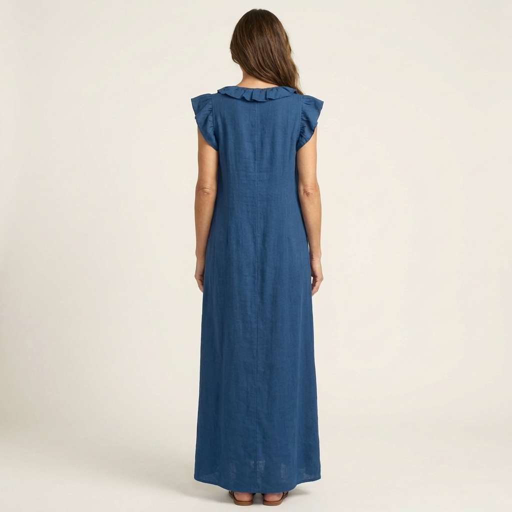 Blue maxi dress, back view, ruffled shoulder collar and short flutter sleeves