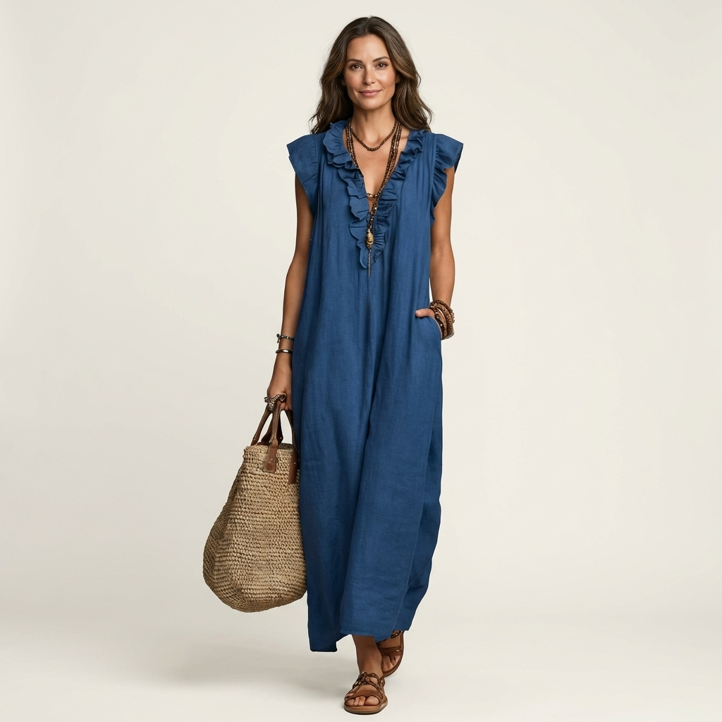 Blue ruffle V-neck sleeveless maxi dress with gathered bib and tiered shoulder frill