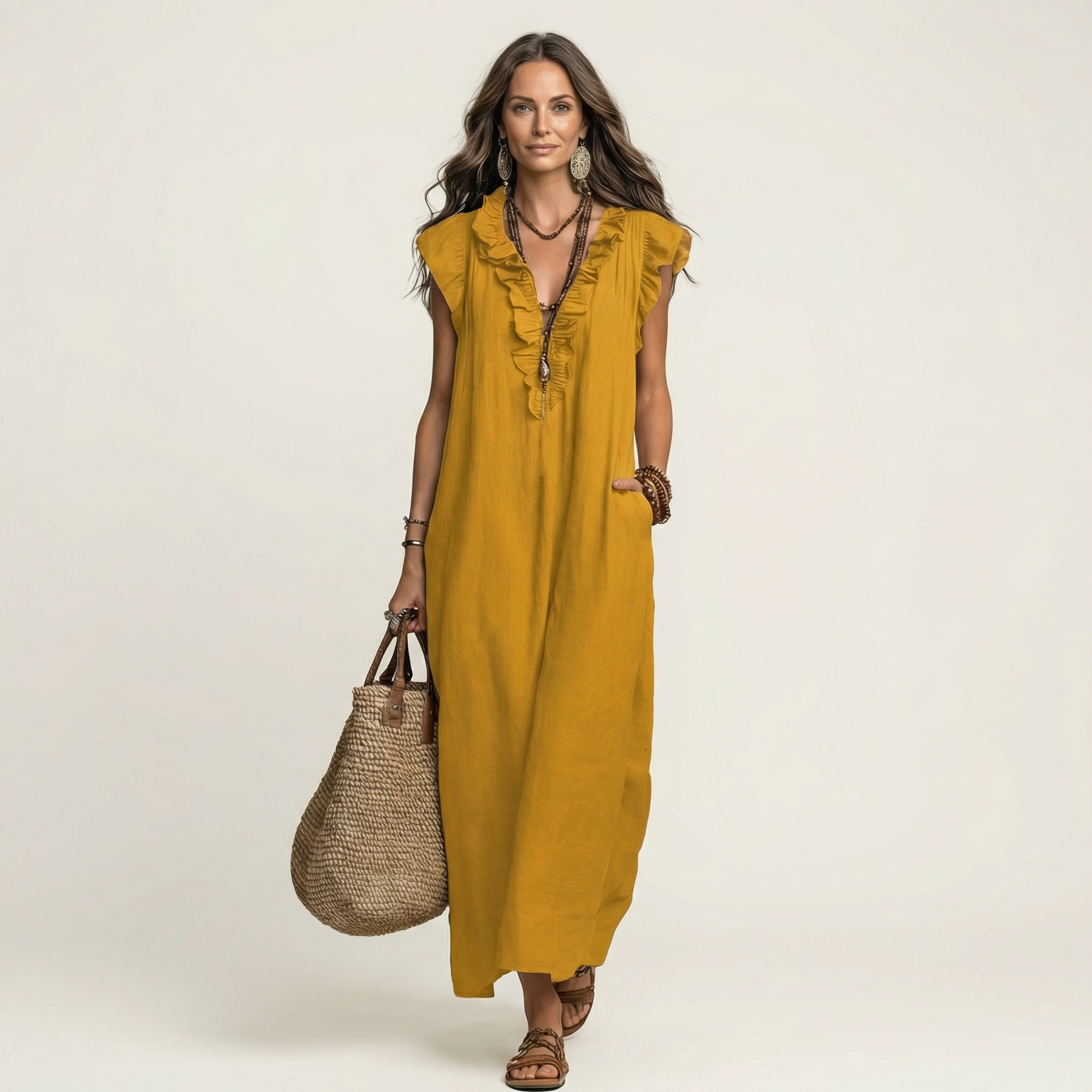 Mustard yellow sleeveless maxi dress with ruffle-trim V-neck and full-length skirt