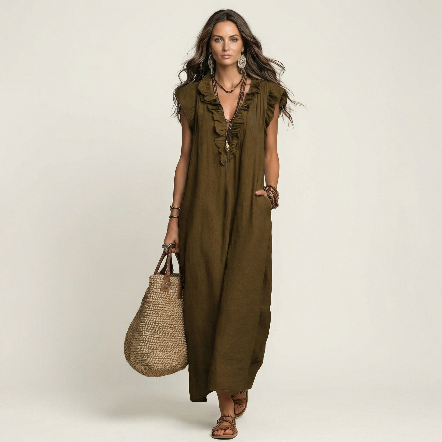 Olive green sleeveless maxi dress with ruffle-trim V-neck and decorative front placket