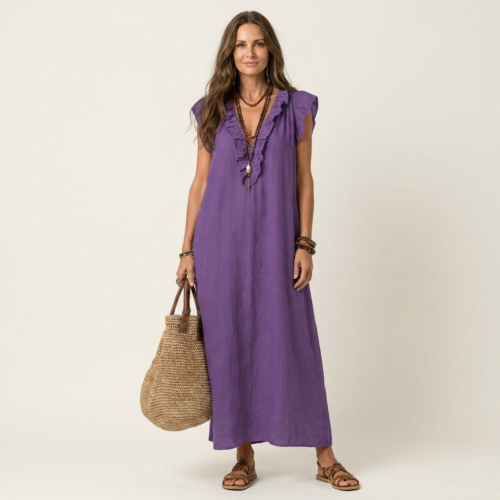 Purple sleeveless maxi dress with ruffle-trim V-neck and loose full-length skirt