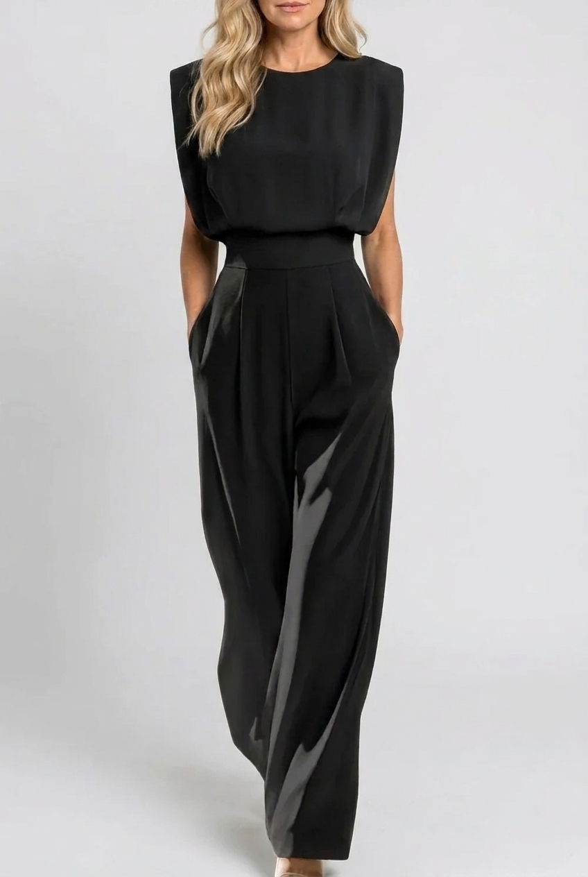 Noemi elegant belted jumpsuit, black sleeveless with tapered wide-leg trousers
