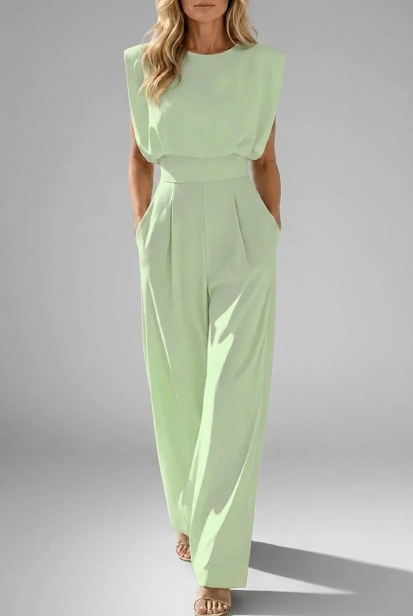 Noemi elegant belted jumpsuit, light green sleeveless with wide-leg tapered fit