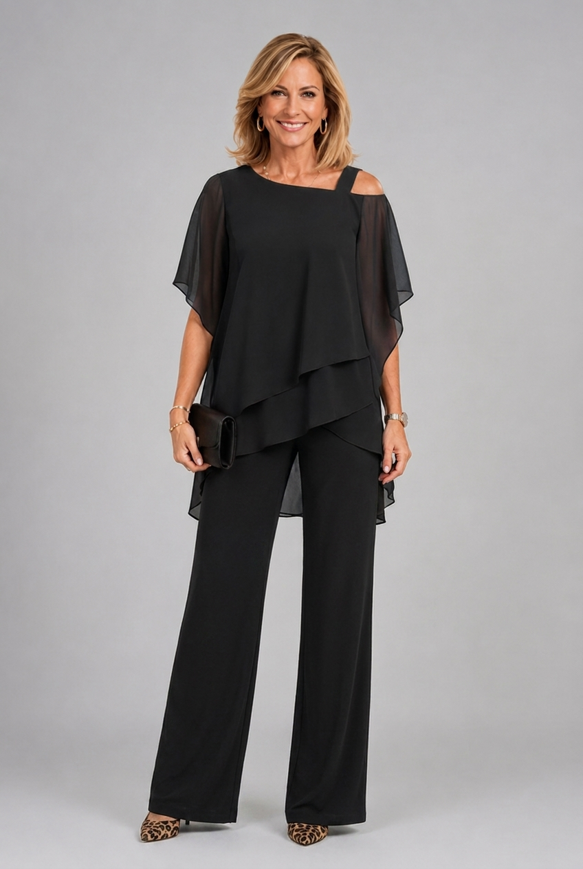 Black layered two-piece set with draped top and wide-leg pants