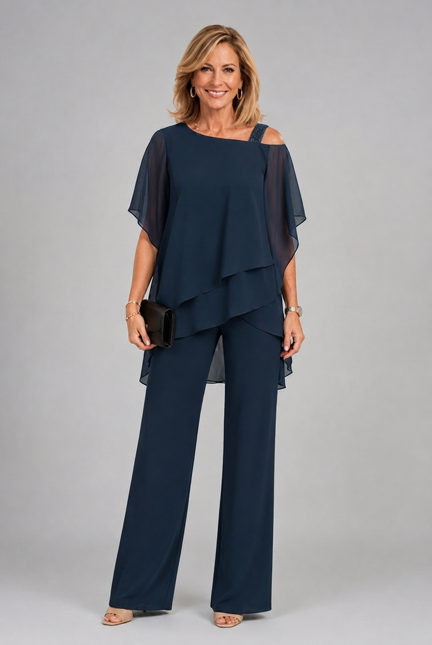 Dark blue layered two-piece set: short cape-sleeve top with tiered hem and wide-leg pants