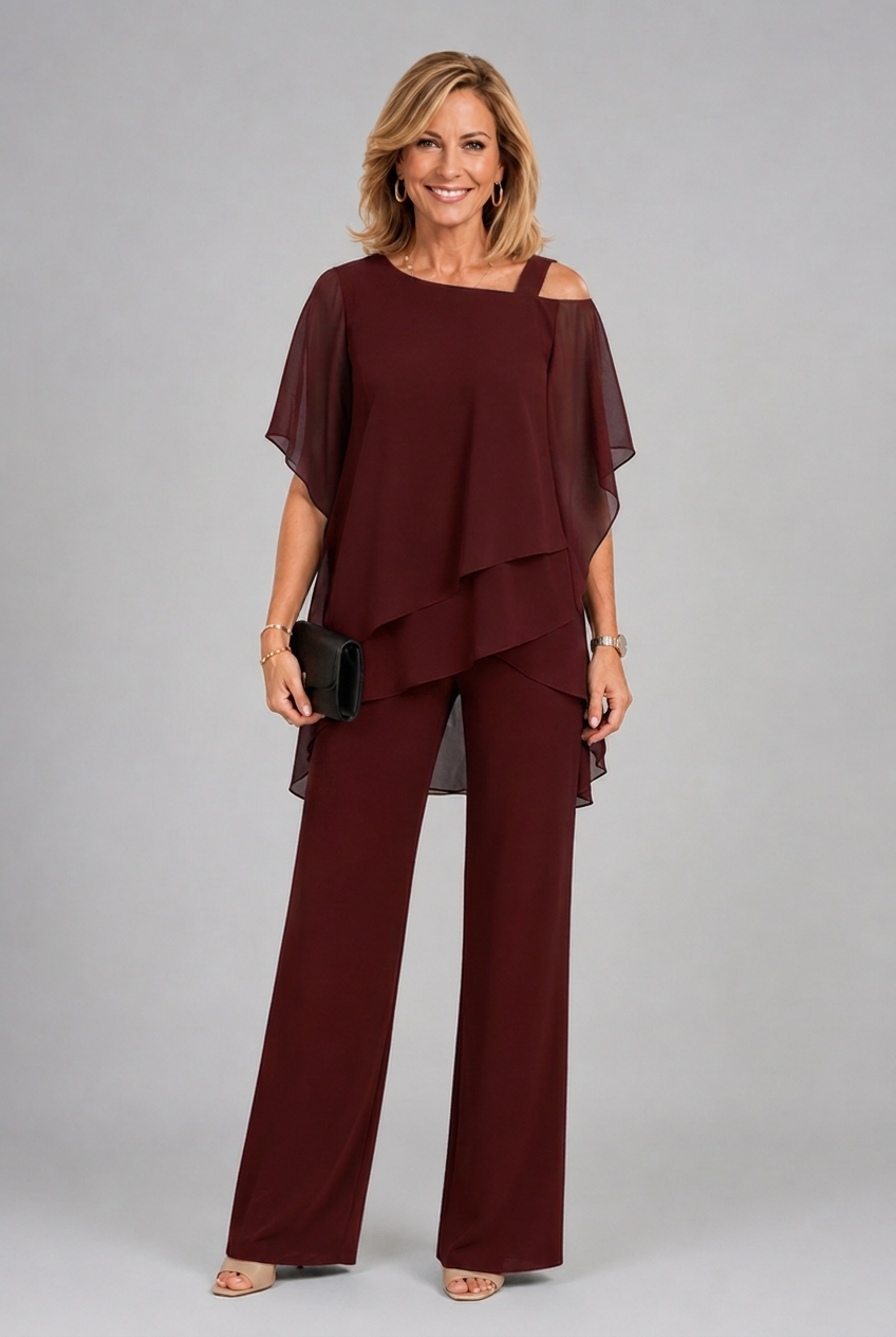 Women's layered two-piece set with draped top and wide-leg pants, dark maroon.