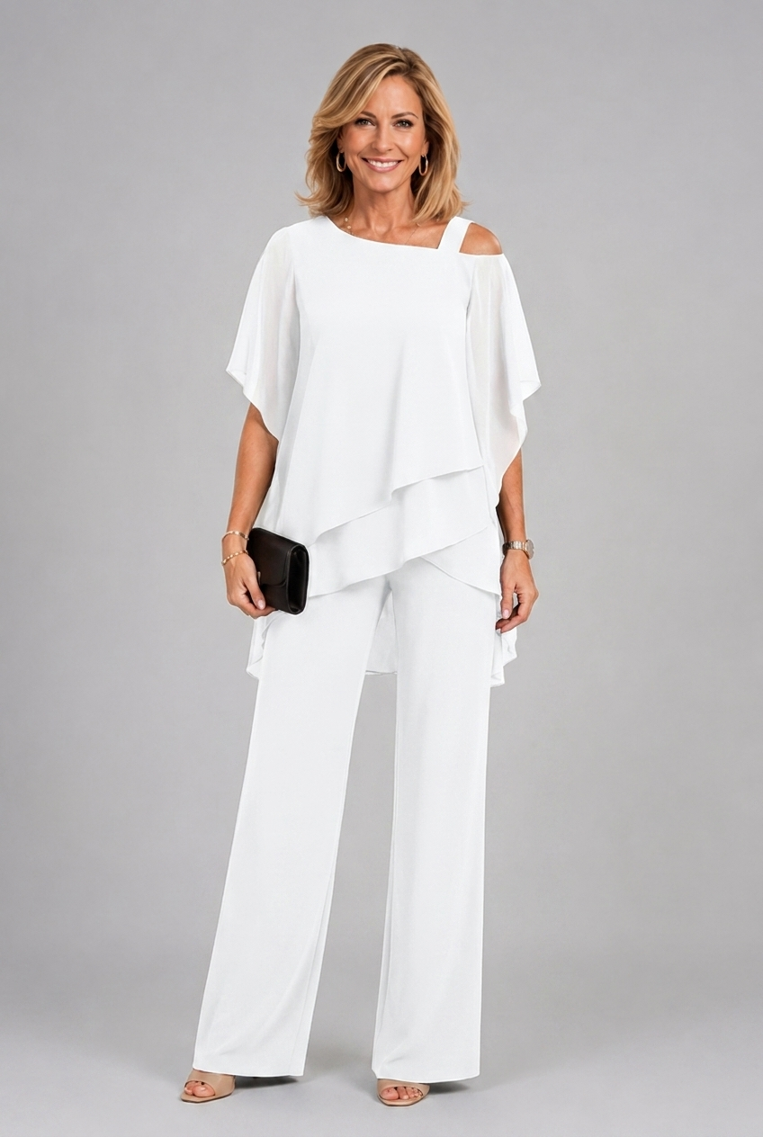 Women's white layered two-piece set with draped square-neck top and wide-leg pants